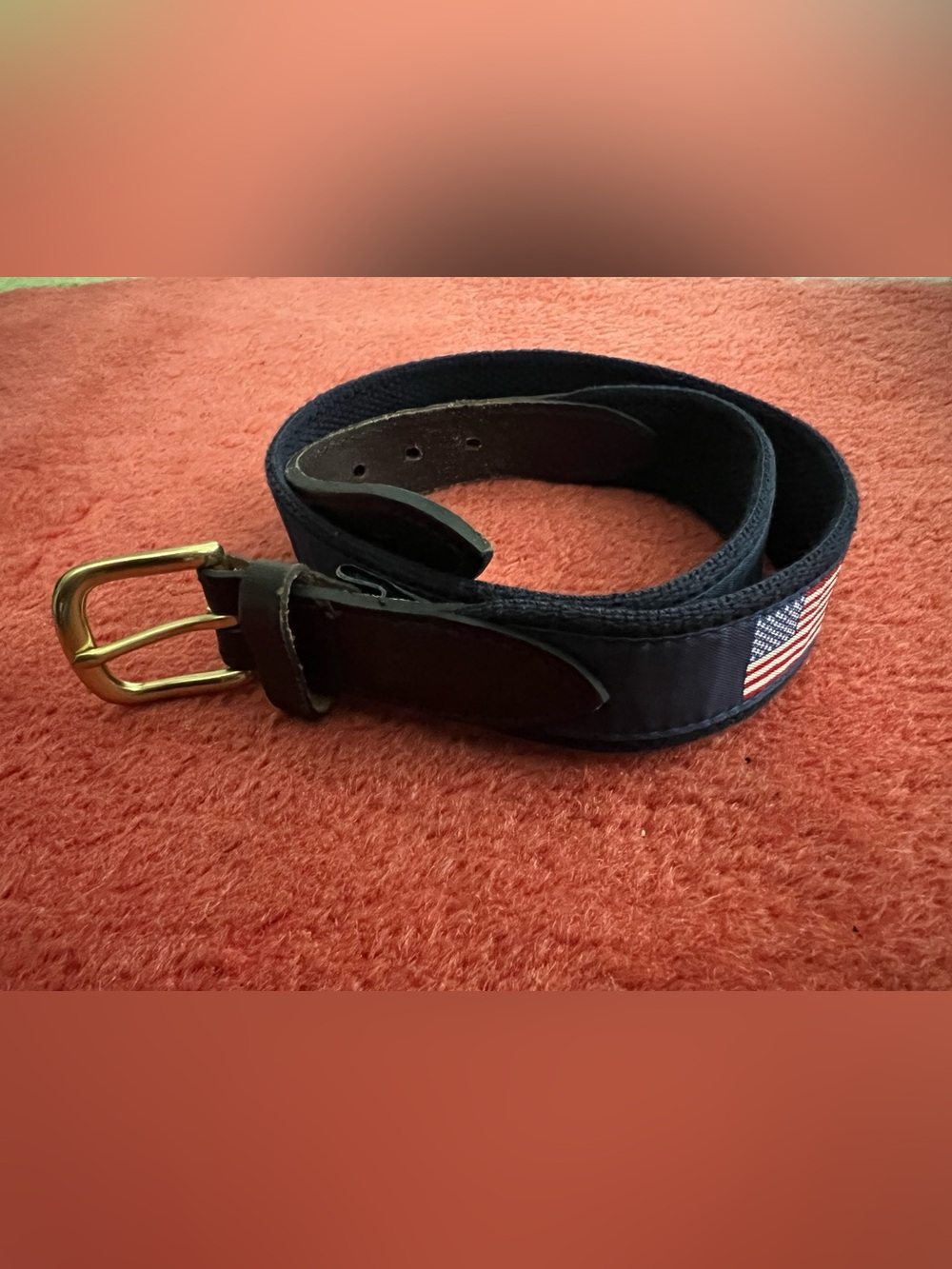 Vineyard Vines Navy Men’s Belt with Brown Leather Trim 28 in American Flag